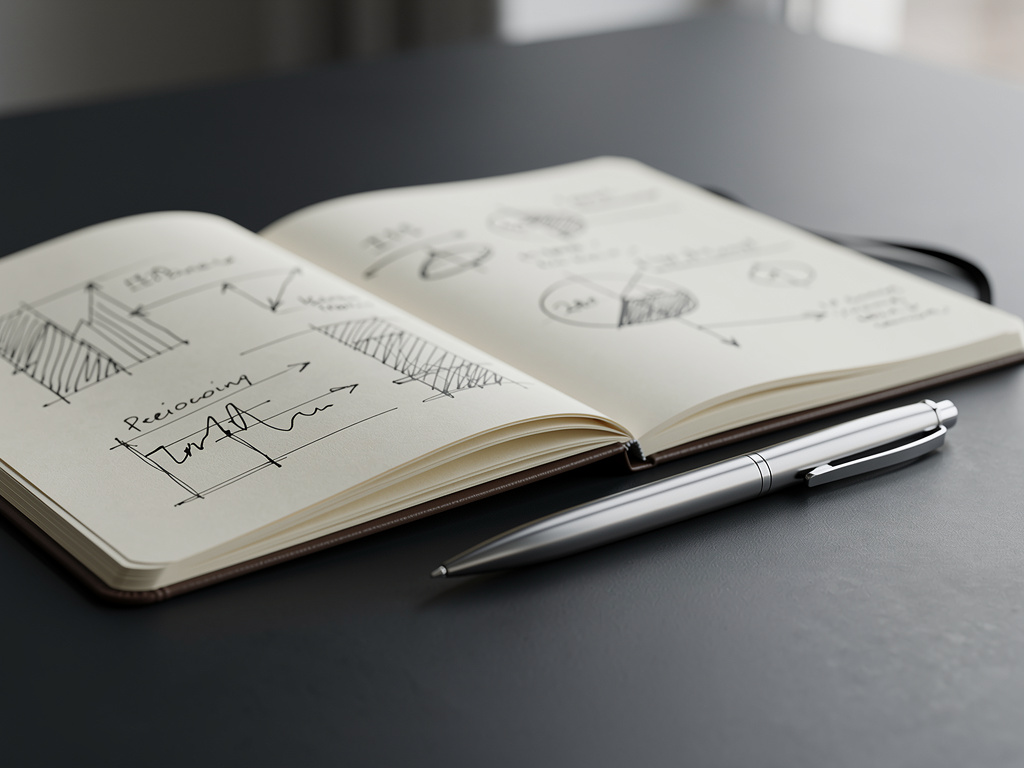 A notebook with handwritten diagrams and a pen resting on a dark table in soft light.