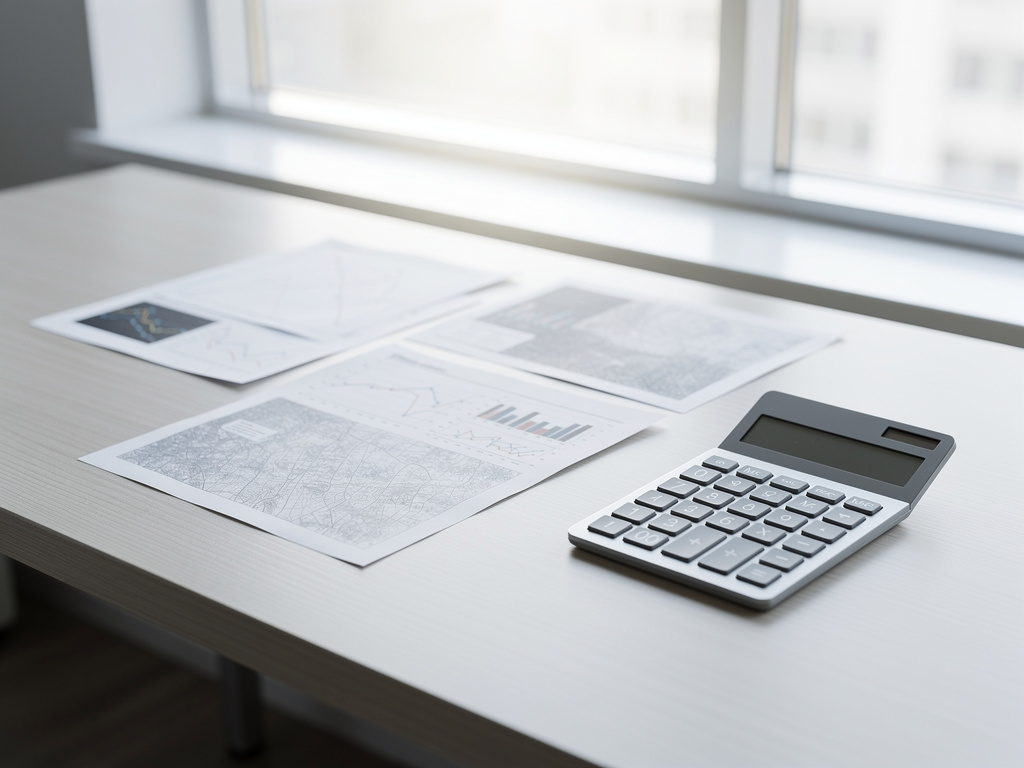 A desk with printed spreadsheets and a calculator arranged neatly near a window.