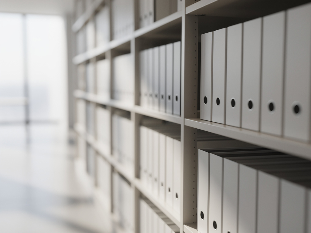 A minimal corridor of organized office shelves with labeled folders out of focus.