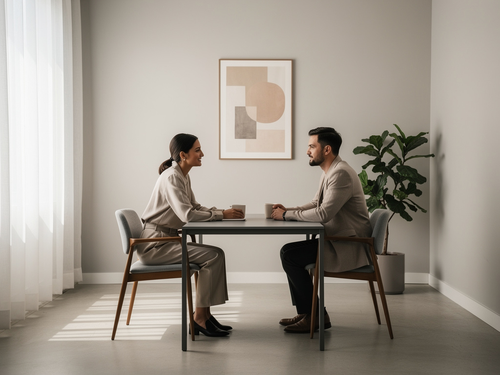 Two people in a small side room facing each other across a low table, seen from a distance.