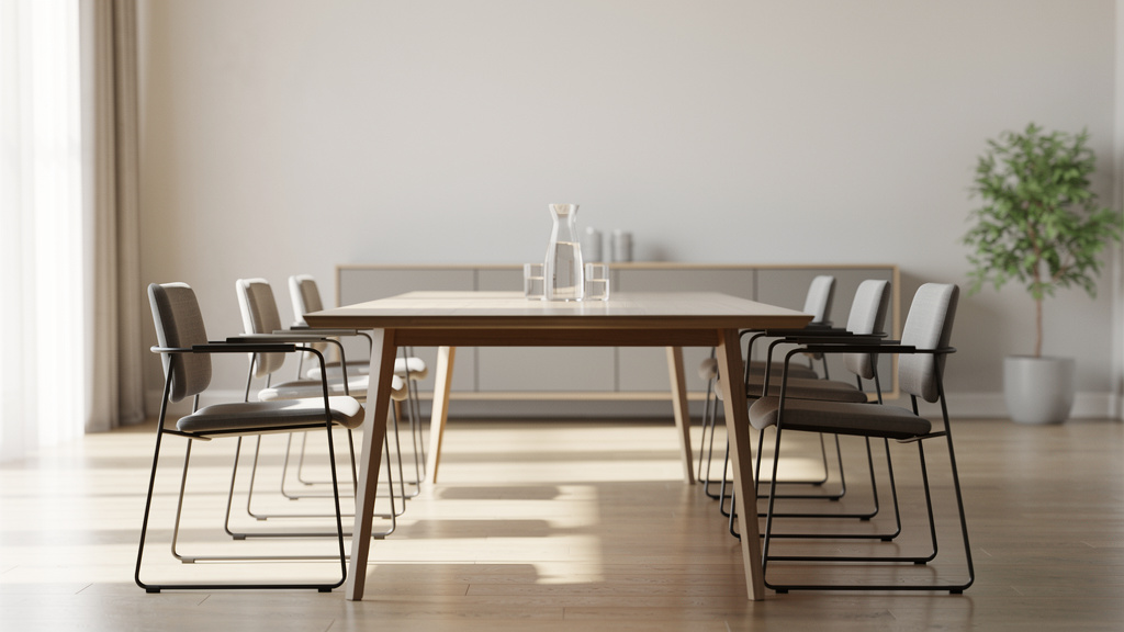 A quiet, elegant meeting room with a long wooden table, soft daylight and thin-lined modern chairs.
