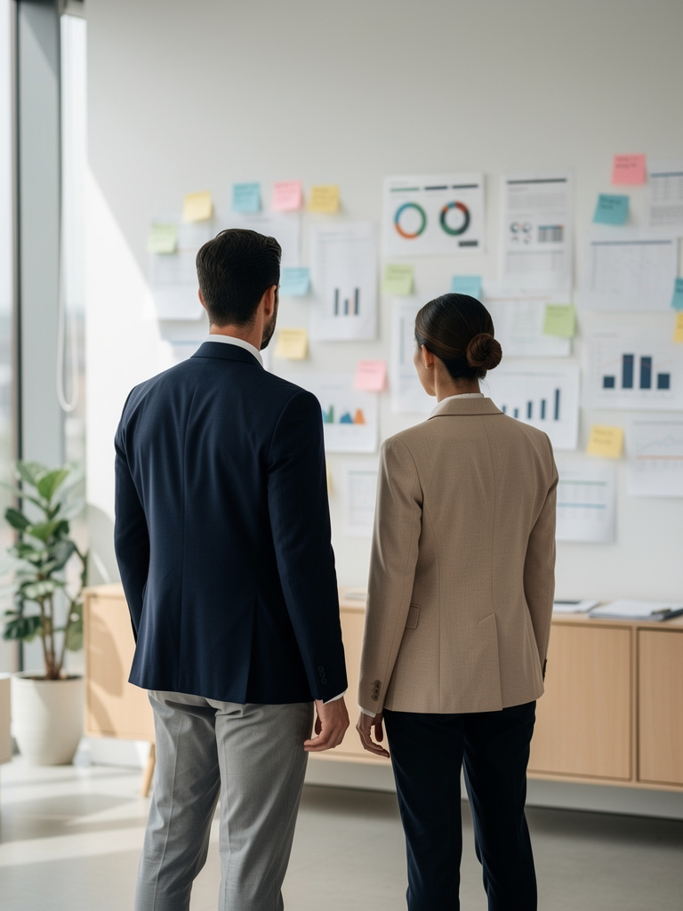 Two consultants seen from behind, standing in front of a wall of notes and charts in a calm office.